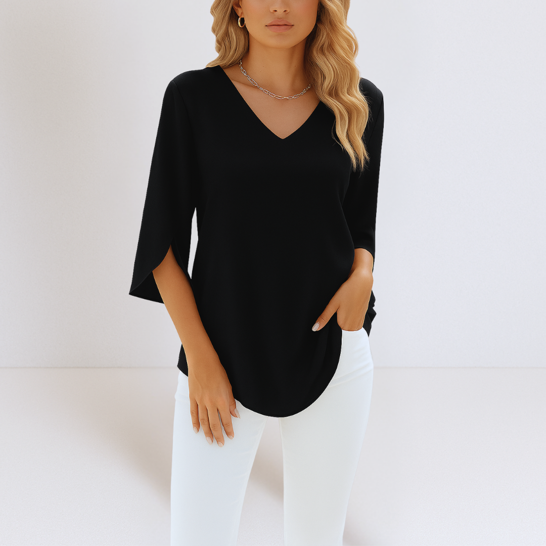 Women's V-Neck Blouse with Slit Sleeves and Flowing Cut
