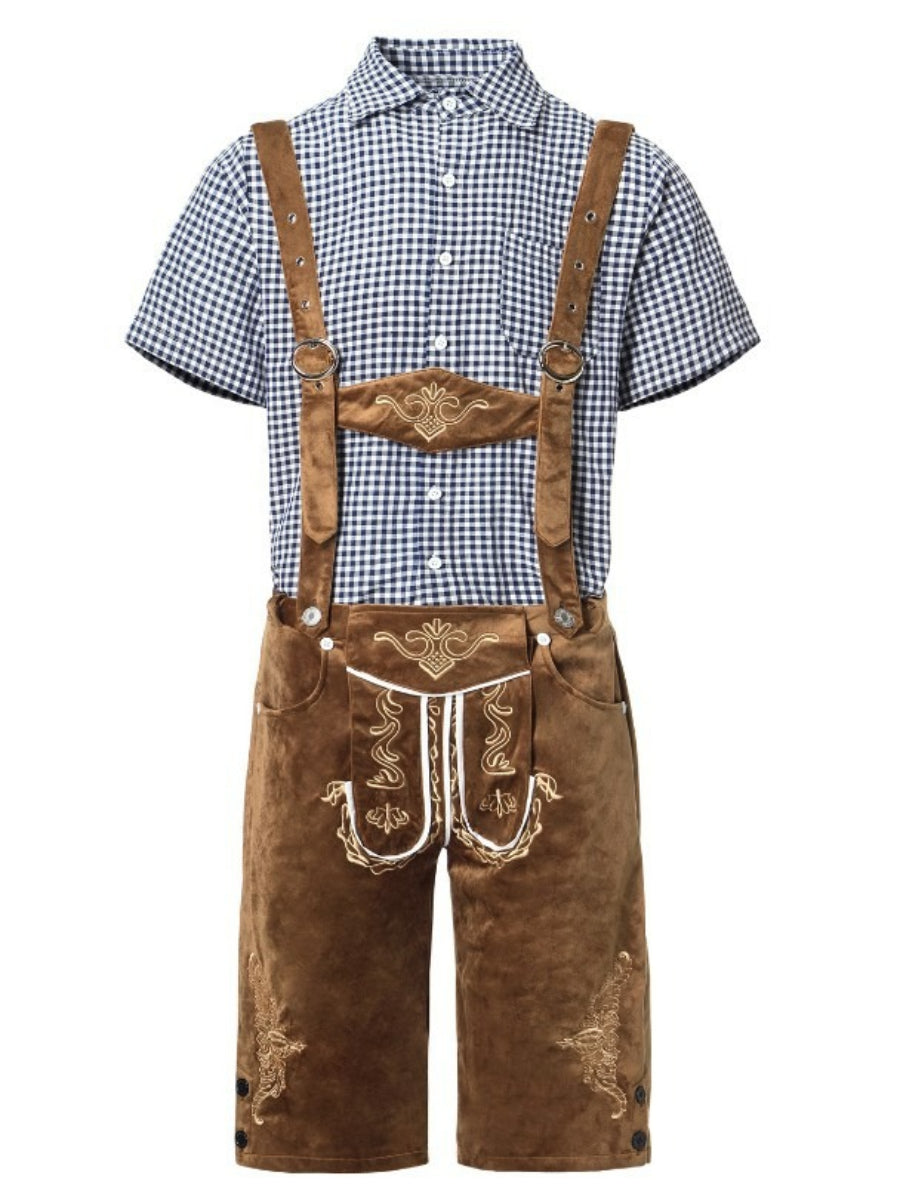 Elegant men's leather pants set with intricately embroidered trousers, stylish braces, and a classic plaid shirt – the perfect outfit for festive occasions