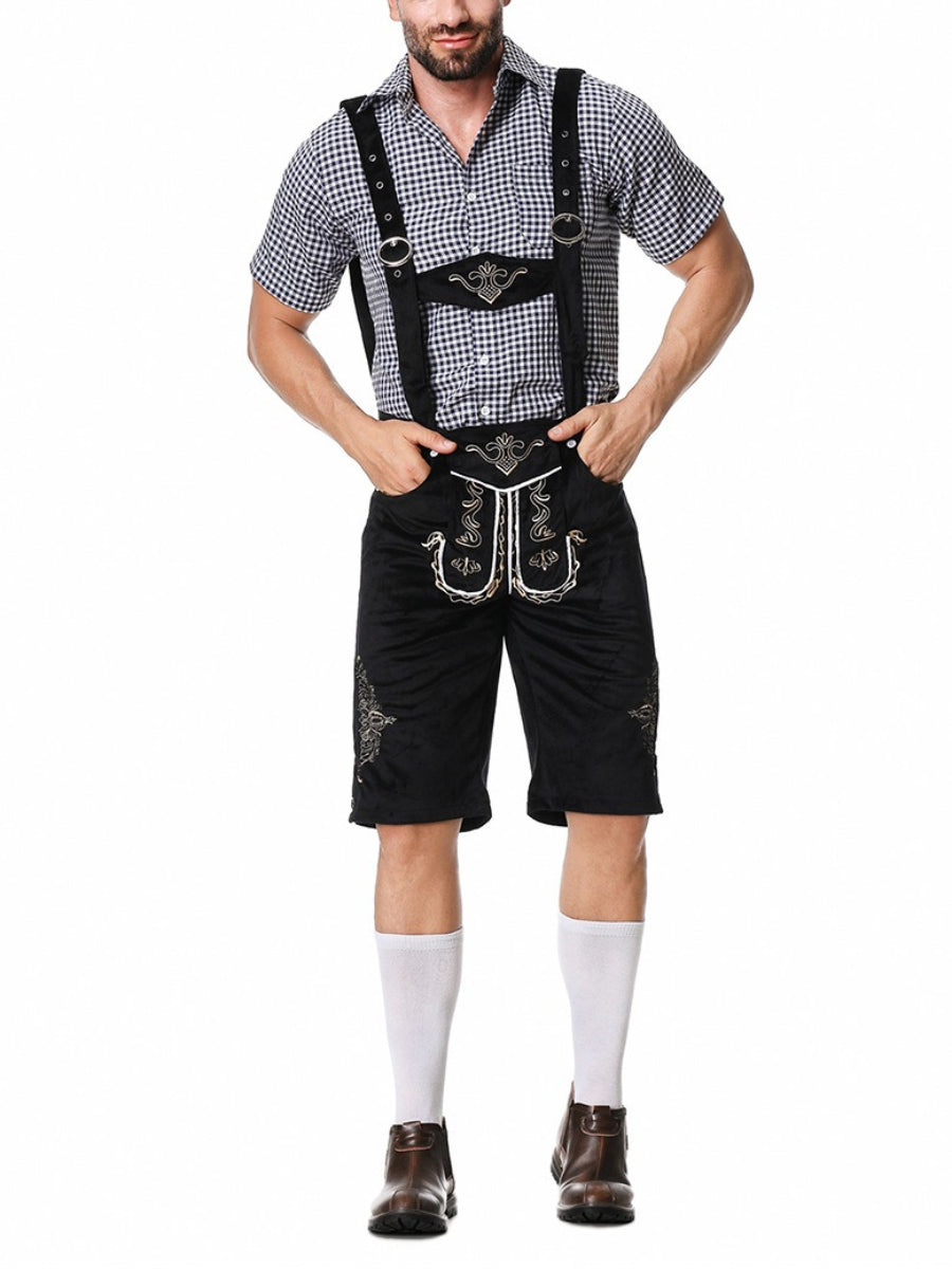 Elegant men's leather pants set with intricately embroidered trousers, stylish braces, and a classic plaid shirt – the perfect outfit for festive occasions