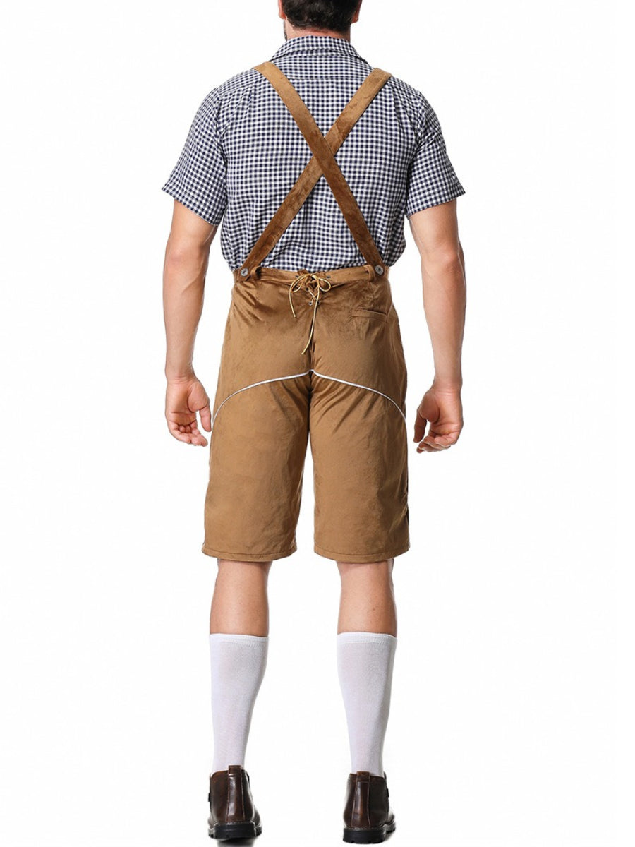 Elegant men's leather pants set with intricately embroidered trousers, stylish braces, and a classic plaid shirt – the perfect outfit for festive occasions