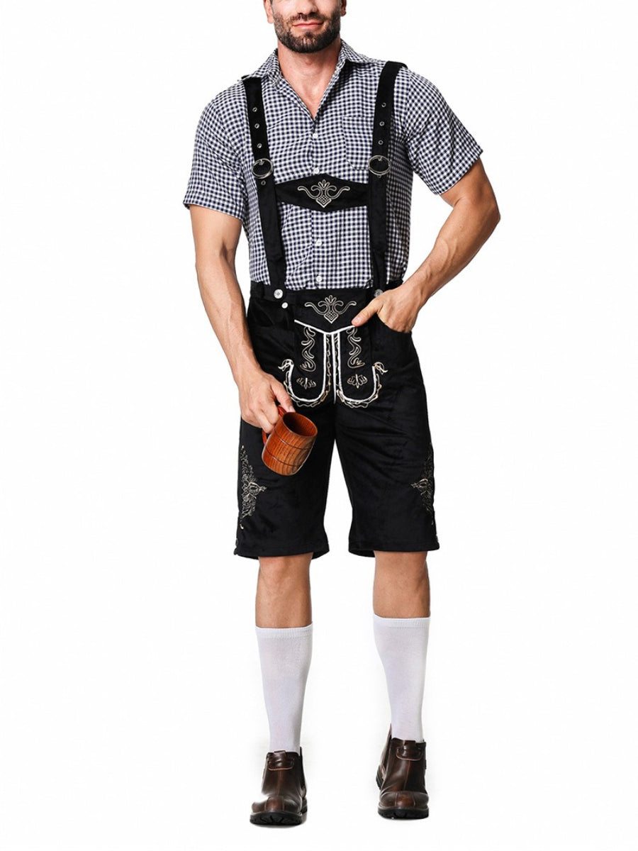 Elegant men's leather pants set with intricately embroidered trousers, stylish braces, and a classic plaid shirt – the perfect outfit for festive occasions