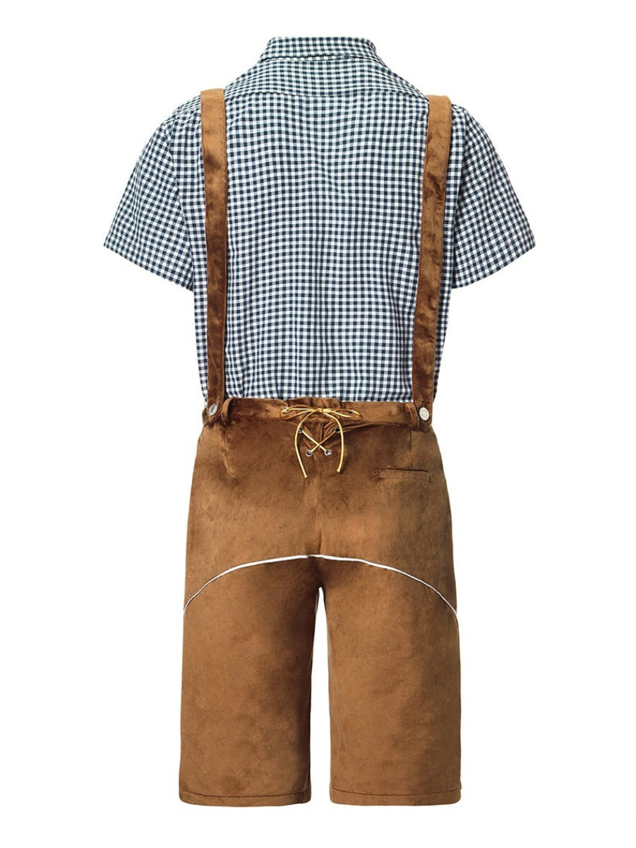 Elegant men's leather pants set with intricately embroidered trousers, stylish braces, and a classic plaid shirt – the perfect outfit for festive occasions