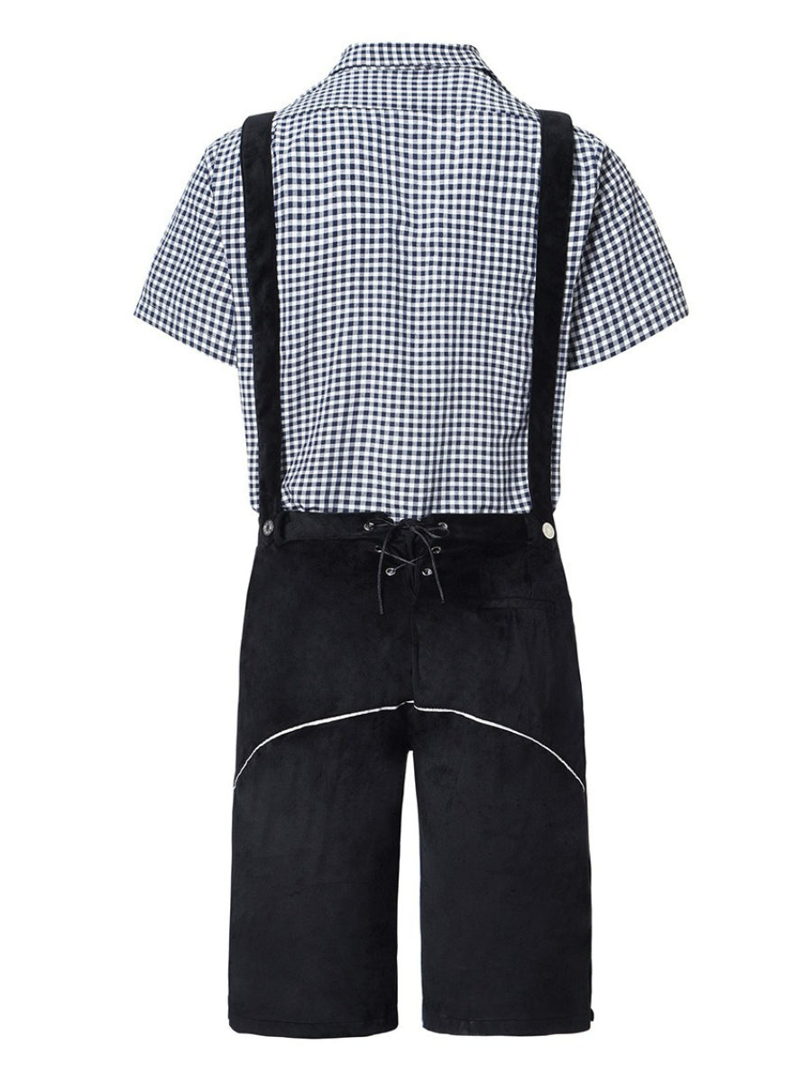 Elegant men's leather pants set with intricately embroidered trousers, stylish braces, and a classic plaid shirt – the perfect outfit for festive occasions