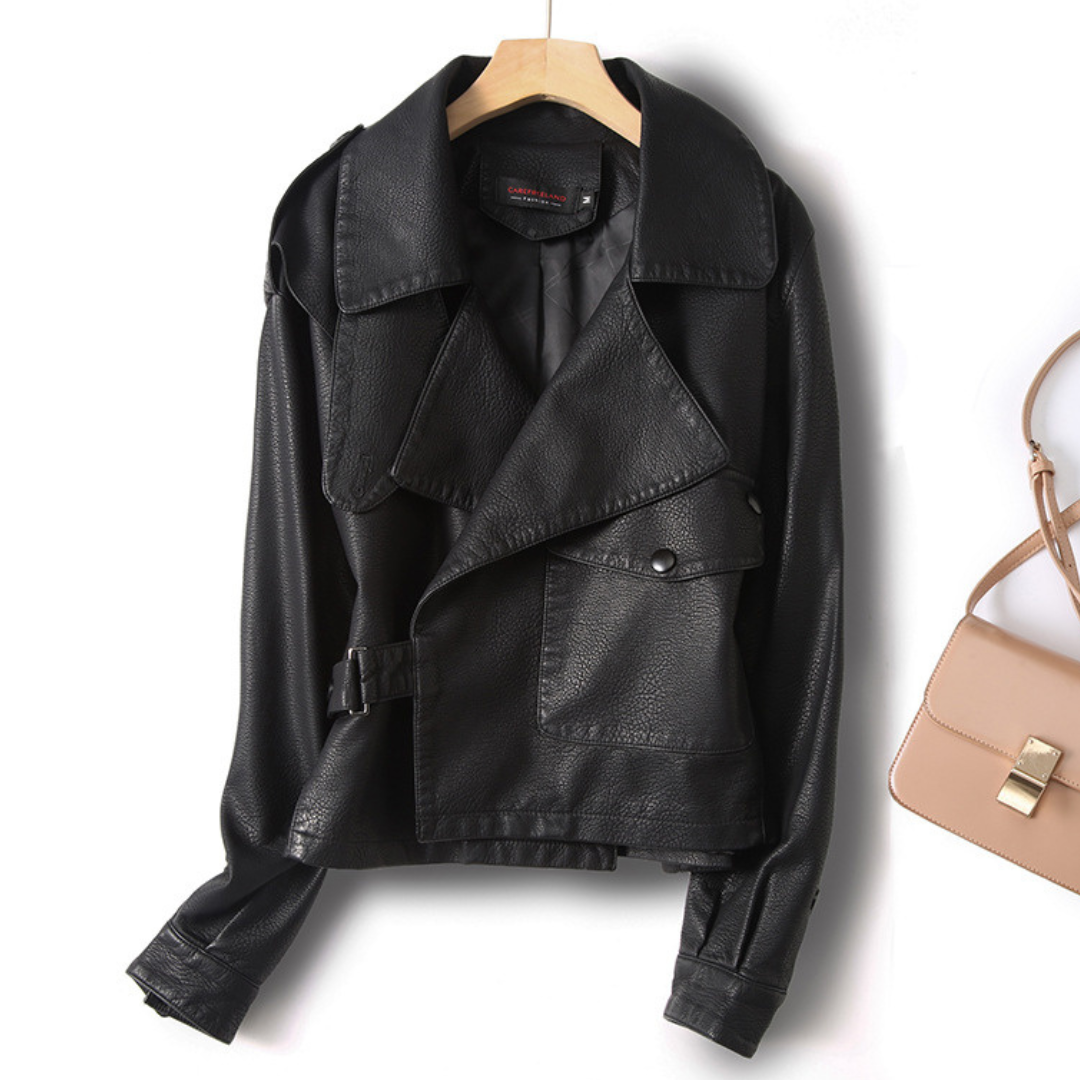 Women's Cropped Leather Jacket with Snap-Pocket and Statement Collar