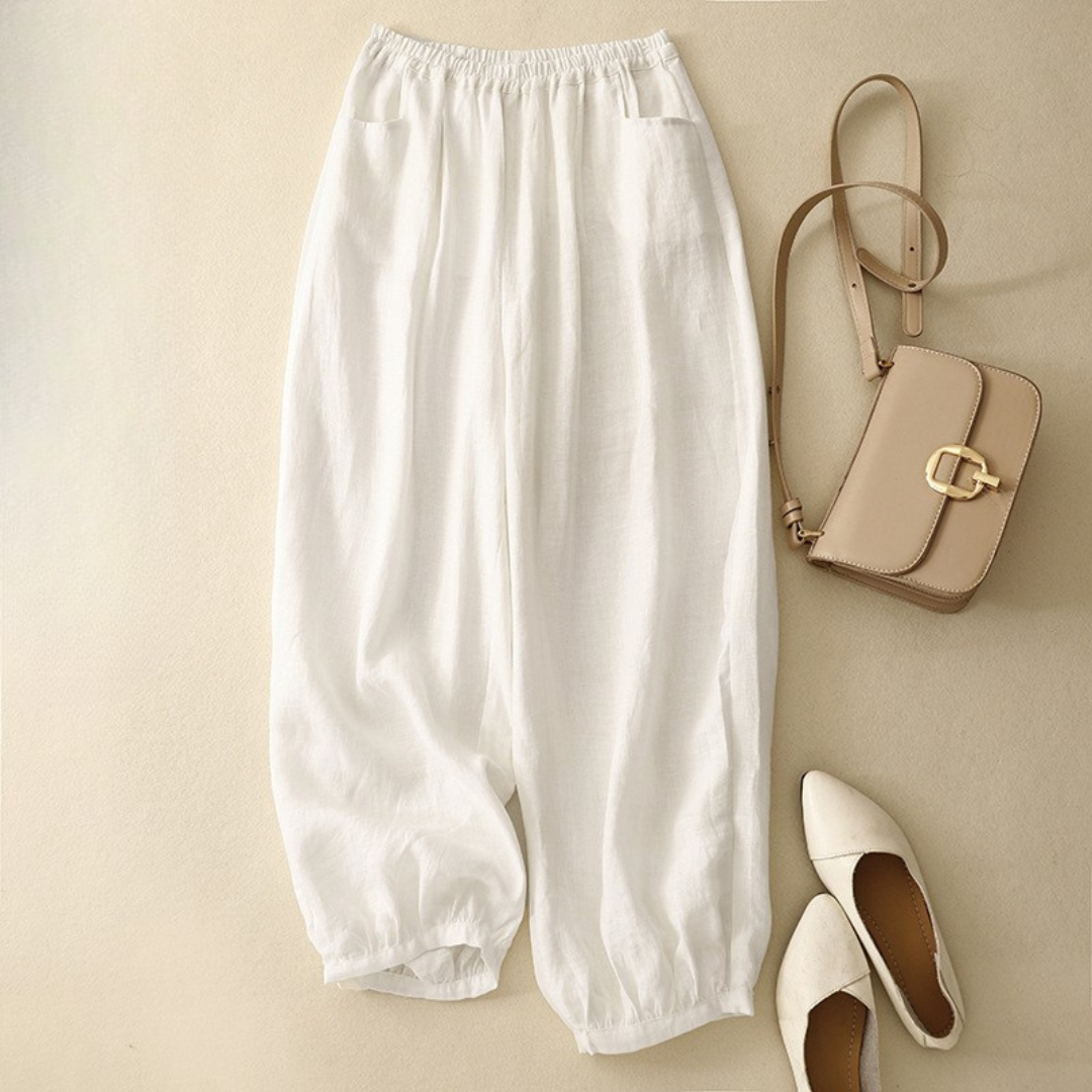 Women's Wide-Leg Linen Pants with Elastic Cuffs