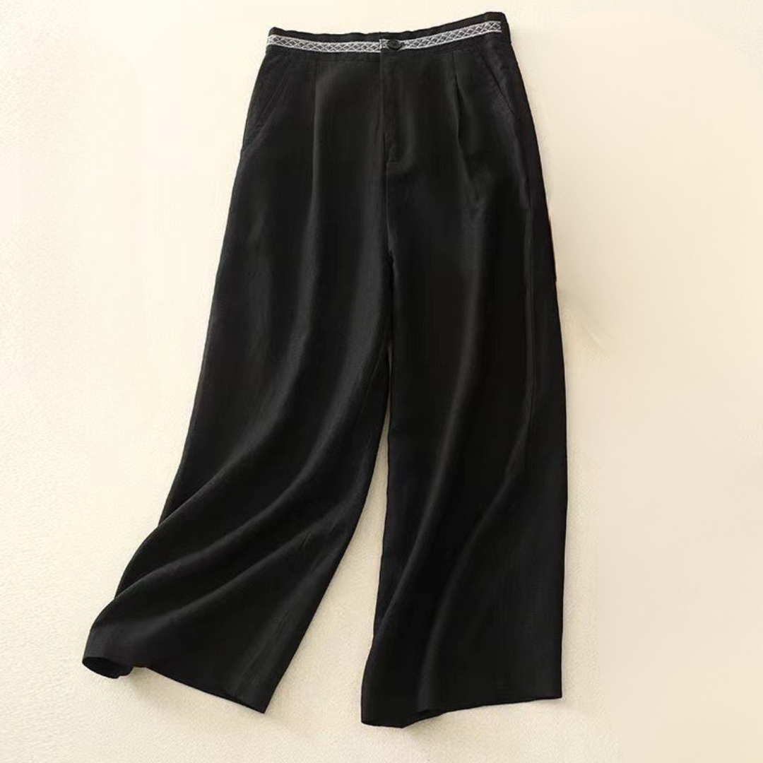 Women Linen Wide-Leg Pants with Relaxed Waistband