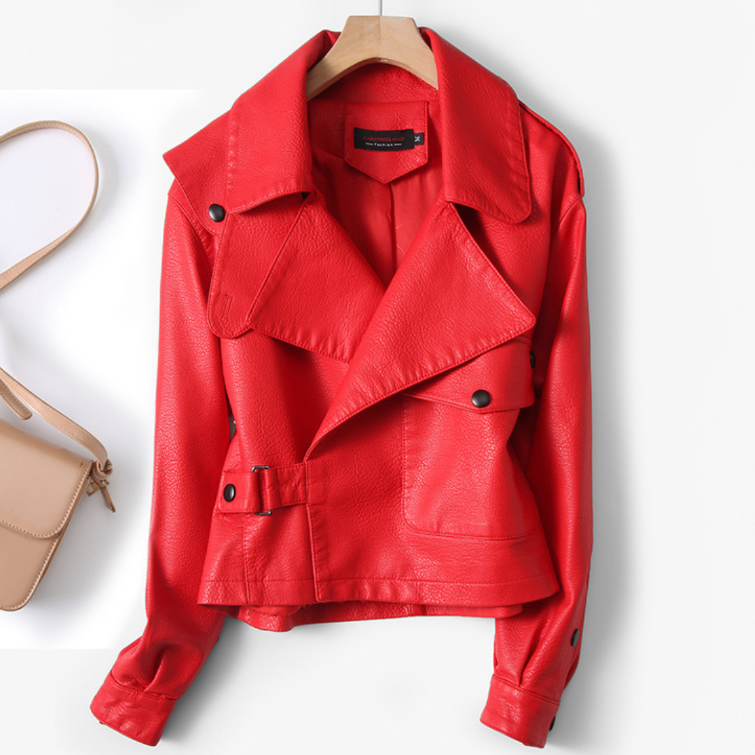 Women's Cropped Leather Jacket with Snap-Pocket and Statement Collar