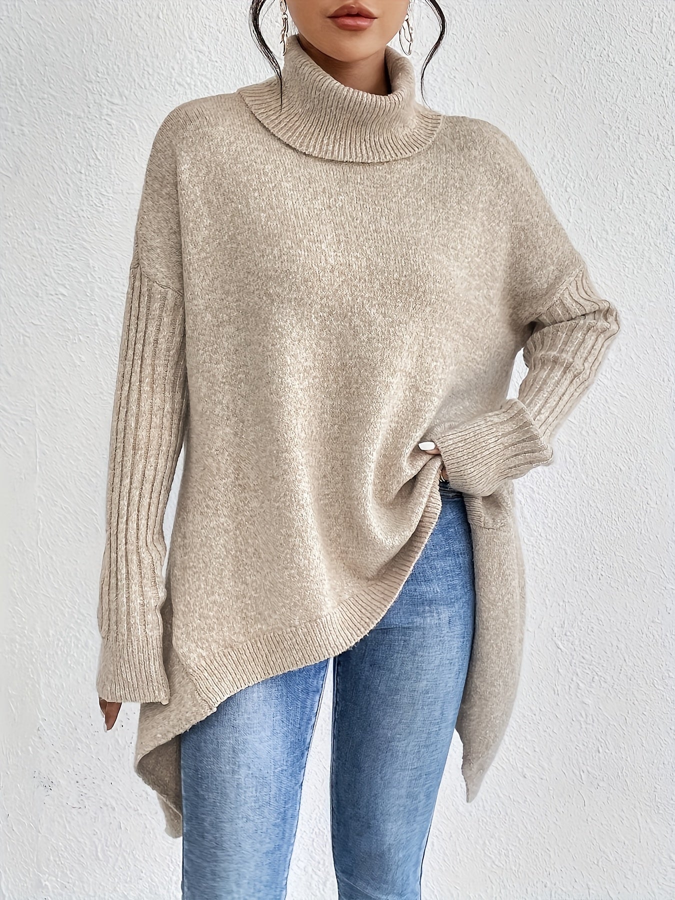 Women High Neck Sweater Asymmetrical Hem Long Sleeve