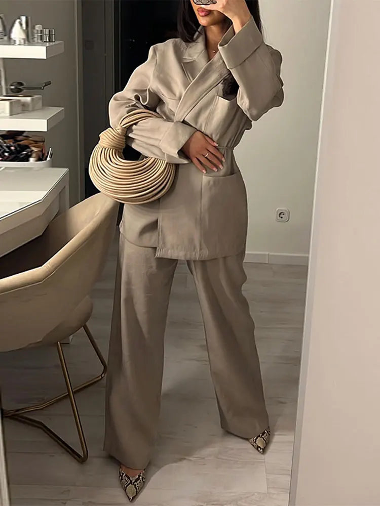 Women's Oversized Blazer and Wide-Leg Pants Set with Adjustable Waist