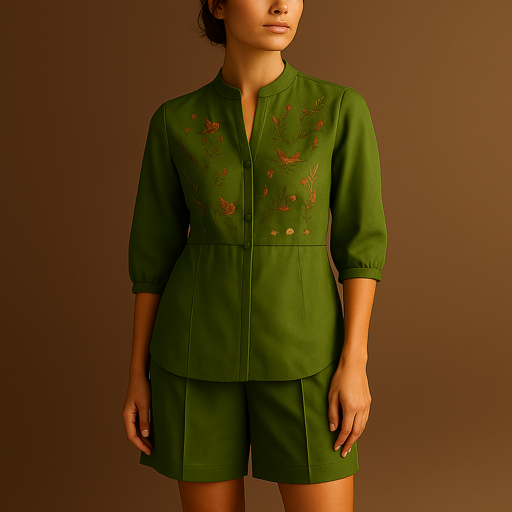 Women's Linen Embroidered Blouse and Wide-Leg Shorts Set