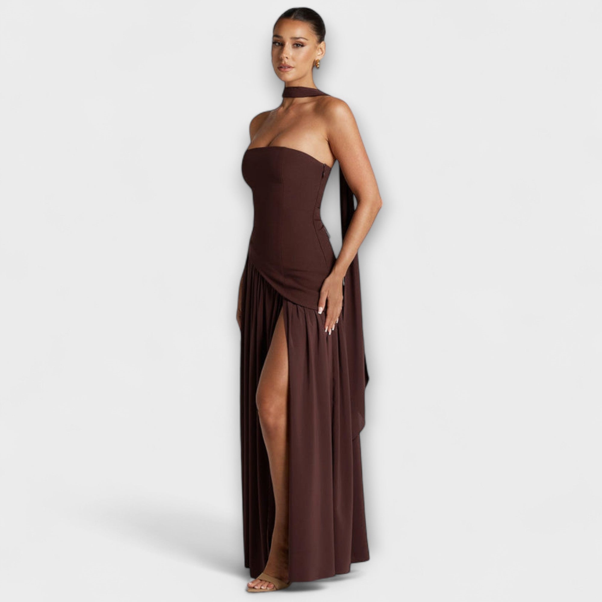 Women's Summer Strapless Maxi Dress with Black Top White Skirt Asymmetrical Waist & Front Slit