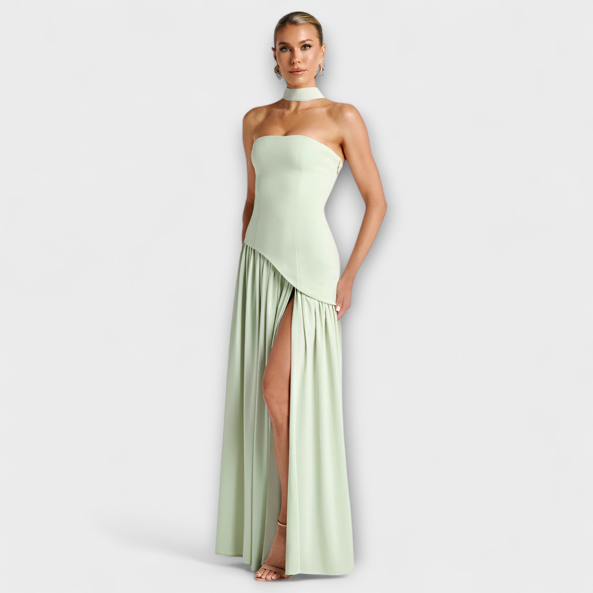 Women's Summer Strapless Maxi Dress with Black Top White Skirt Asymmetrical Waist & Front Slit