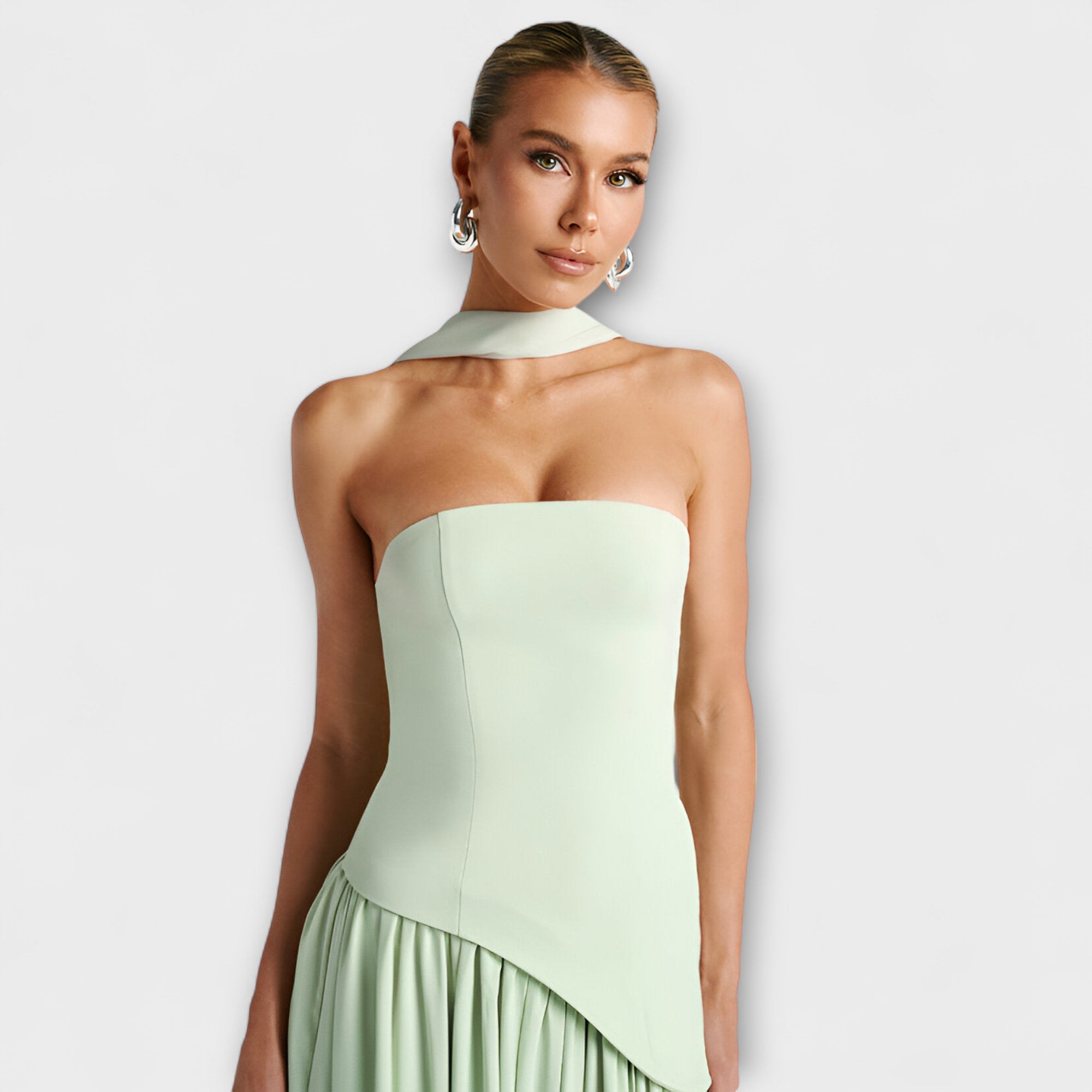 Women's Summer Strapless Maxi Dress with Black Top White Skirt Asymmetrical Waist & Front Slit