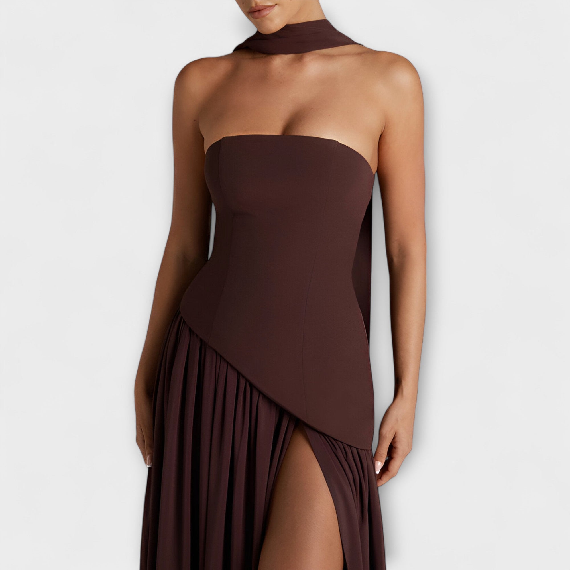 Women's Summer Strapless Maxi Dress with Black Top White Skirt Asymmetrical Waist & Front Slit