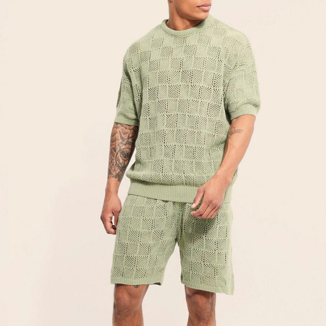 Men's Summer Short Sleeve Shirt and Shorts Set in Checkered Knit