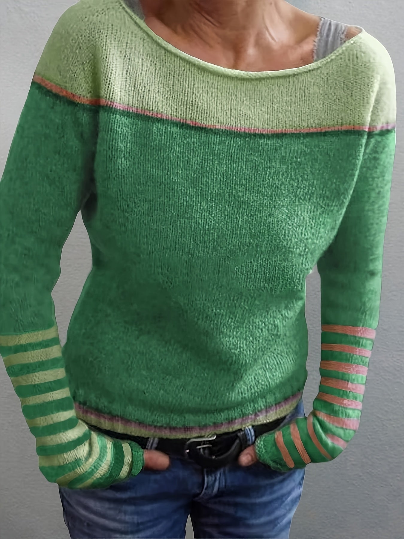 Women Striped Long-Sleeve Relaxed-Fit Sweater