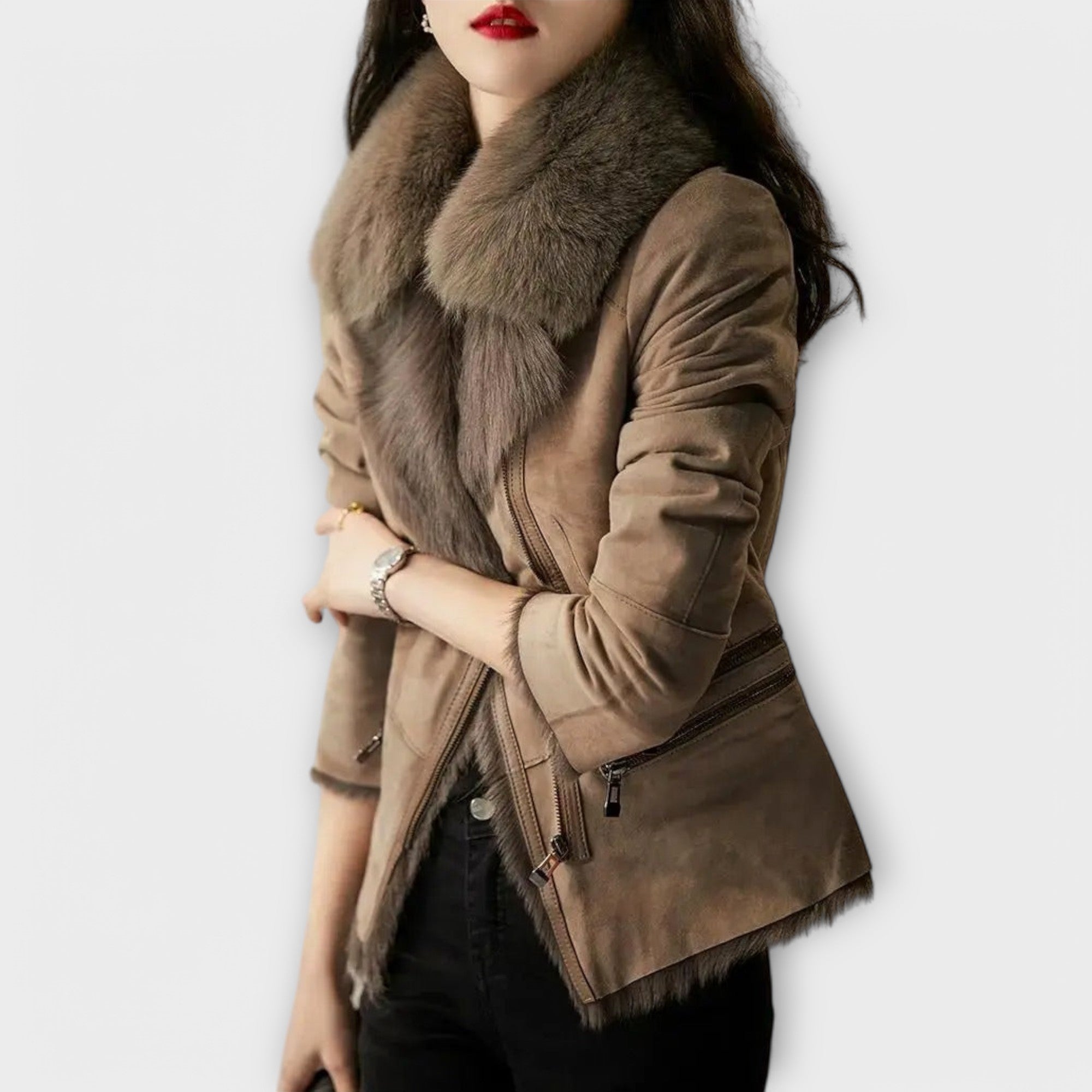 Leonora™ Elegant Suede Jacket with Cozy Faux Fur Collar