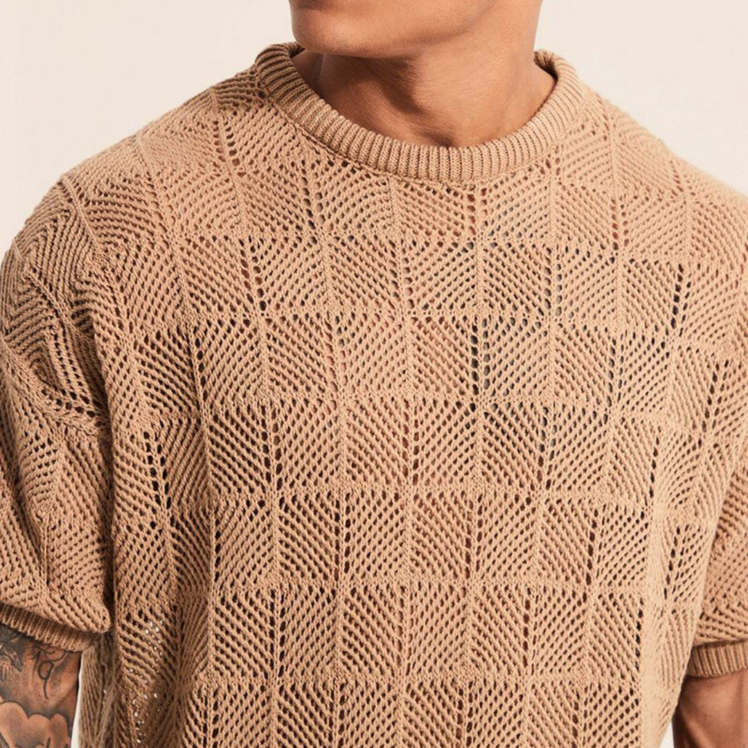 Men's Summer Short Sleeve Shirt and Shorts Set in Checkered Knit