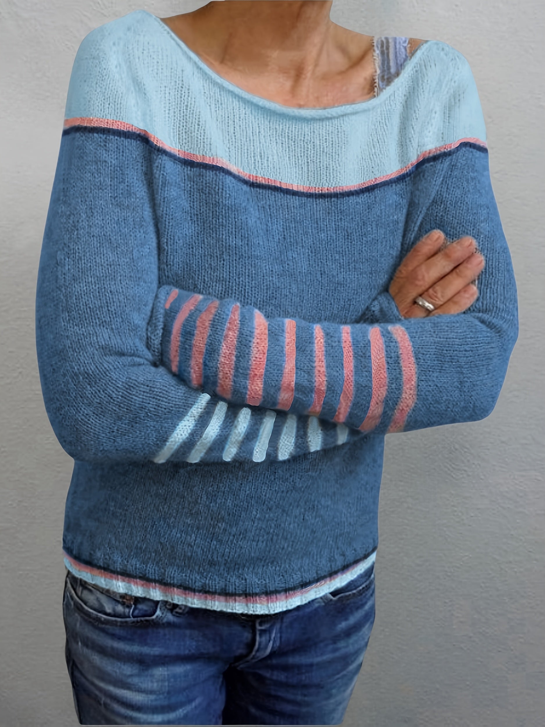 Women Striped Long-Sleeve Relaxed-Fit Sweater