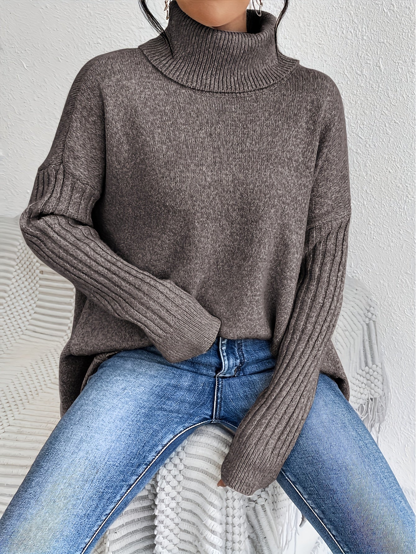 Women High Neck Sweater Asymmetrical Hem Long Sleeve