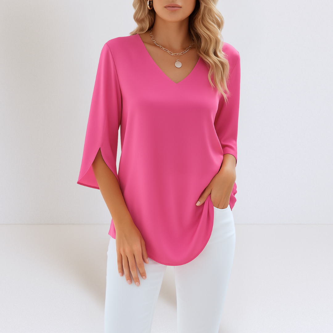 Women's V-Neck Blouse with Slit Sleeves and Flowing Cut