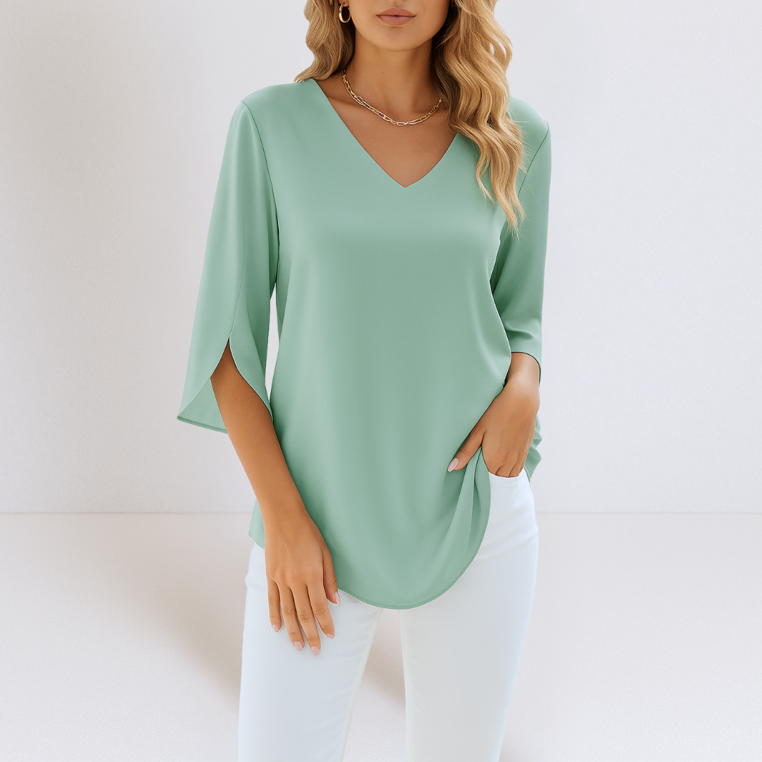 Women's V-Neck Blouse with Slit Sleeves and Flowing Cut
