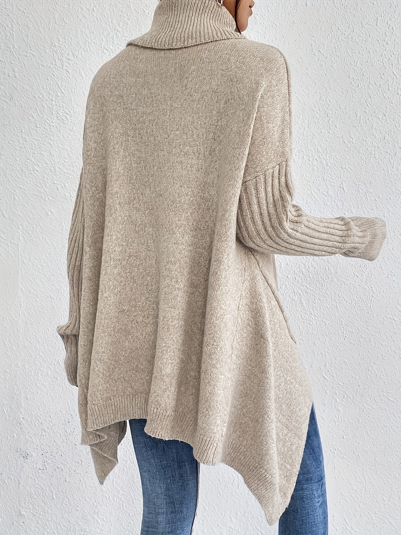 Women High Neck Sweater Asymmetrical Hem Long Sleeve