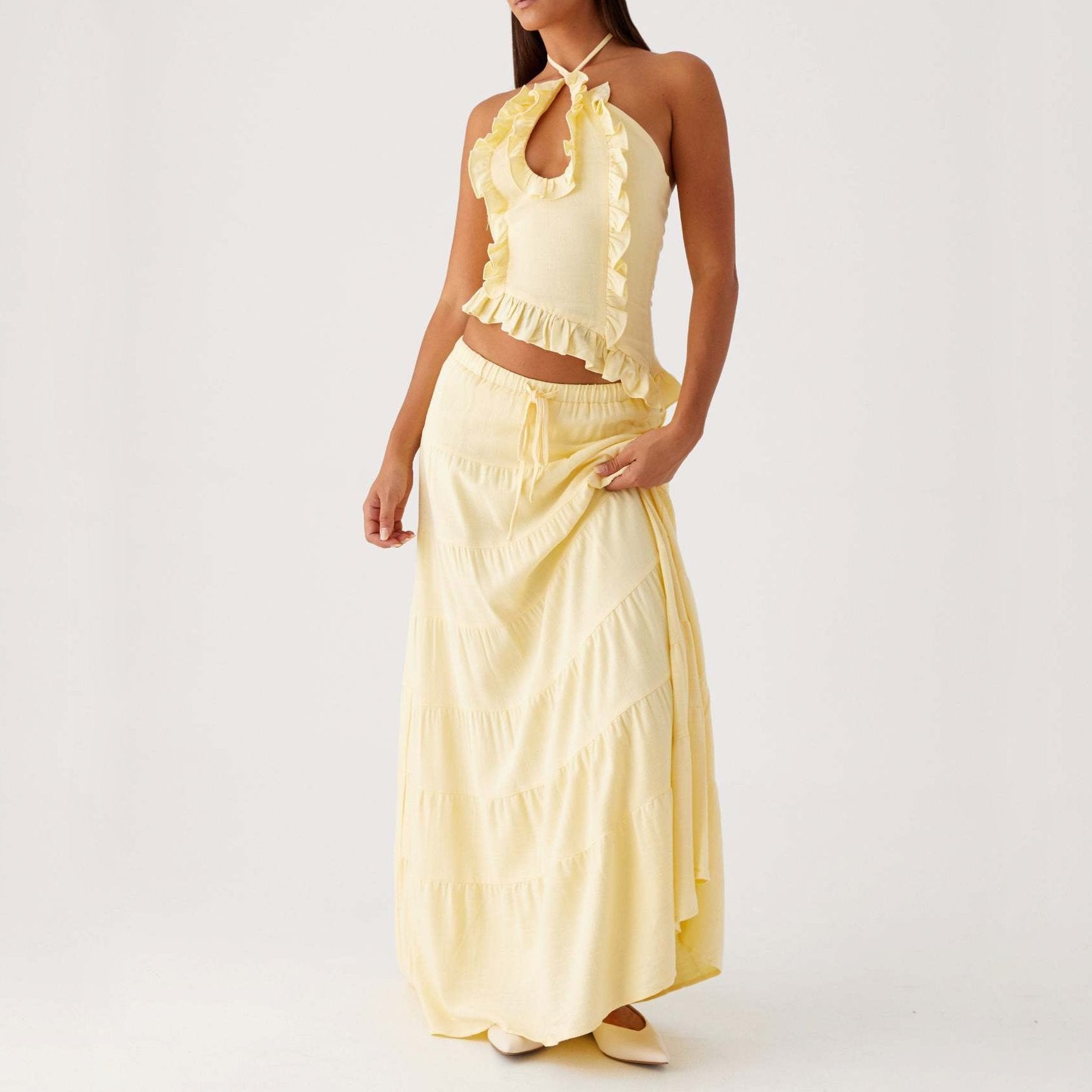 Women Summer Halter Top and Tiered Maxi Skirt Set with Keyhole Detail