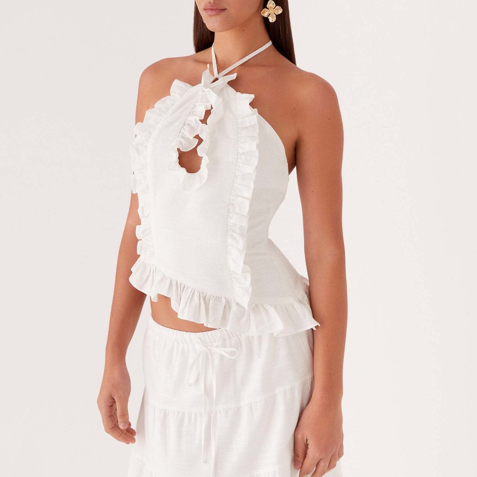 Women Summer Halter Top and Tiered Maxi Skirt Set with Keyhole Detail