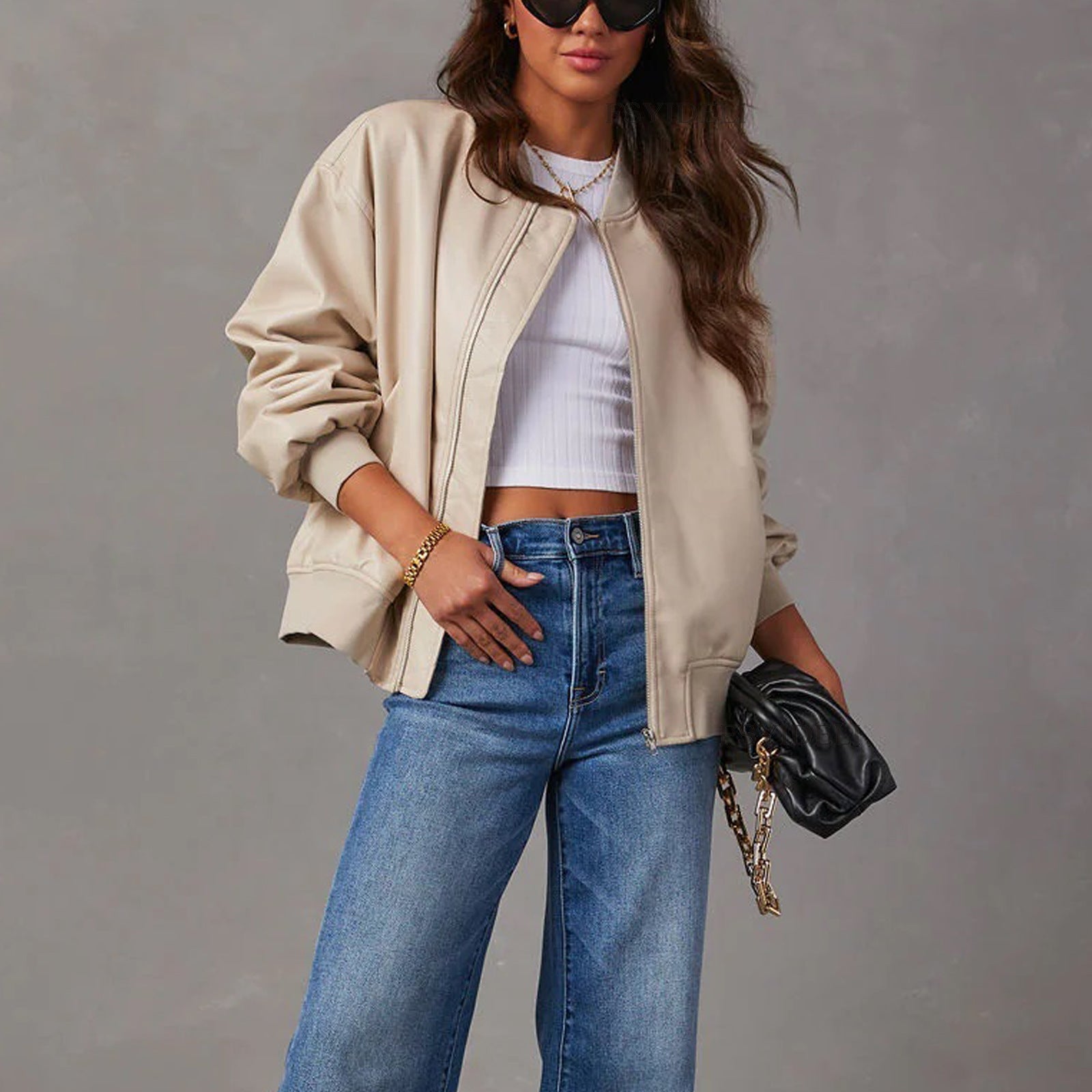Women's Winter Leather Jacket with Quilted Interior and Full-Zip Front