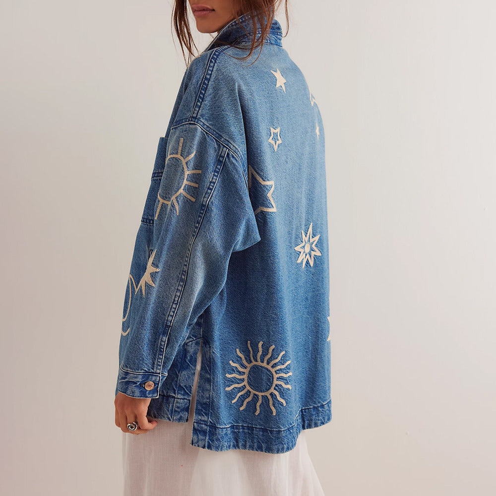 Women's Spring Denim Jacket with Embroidered Sun Moon and Stars