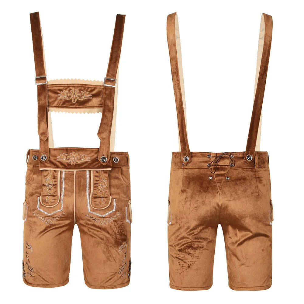 Authentic Bavarian men's Lederhosen set with elegant embroidery, stylish checkered shirt, and traditional hat for the perfect Bavarian look