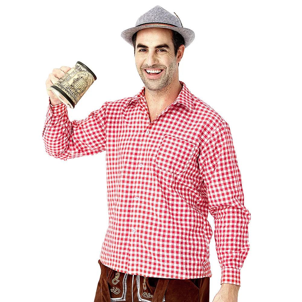 Authentic Bavarian men's Lederhosen set with elegant embroidery, stylish checkered shirt, and traditional hat for the perfect Bavarian look