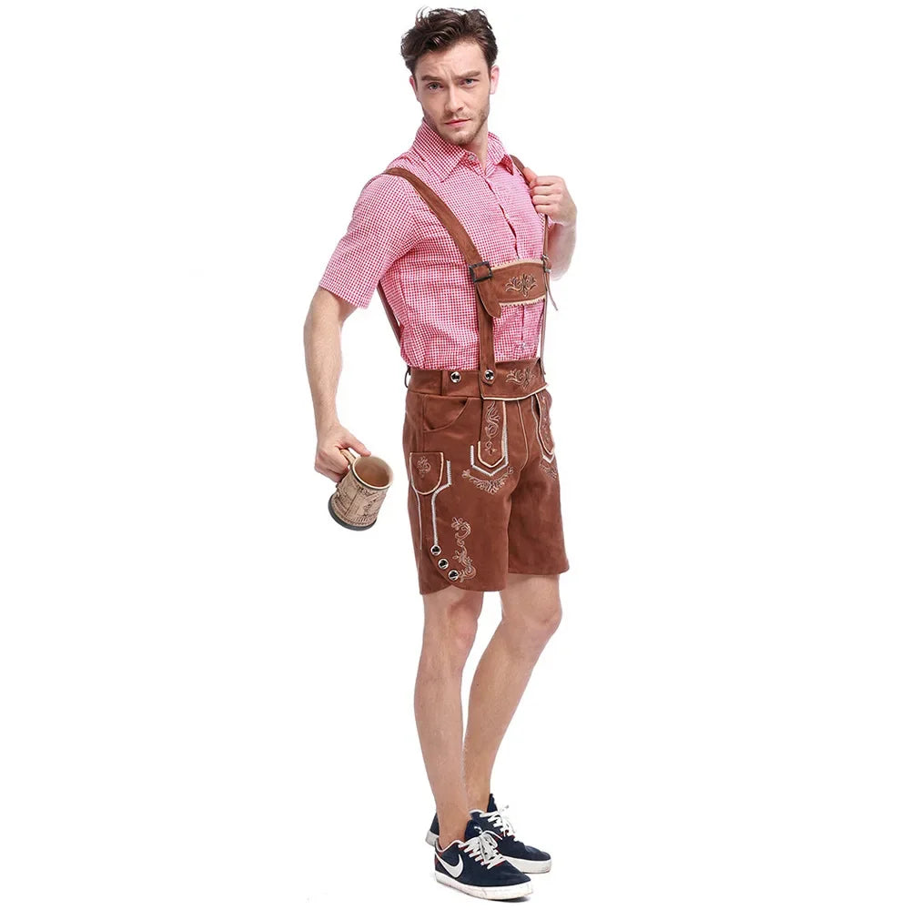 Authentic Bavarian men's Lederhosen set with elegant embroidery, stylish checkered shirt, and traditional hat for the perfect Bavarian look