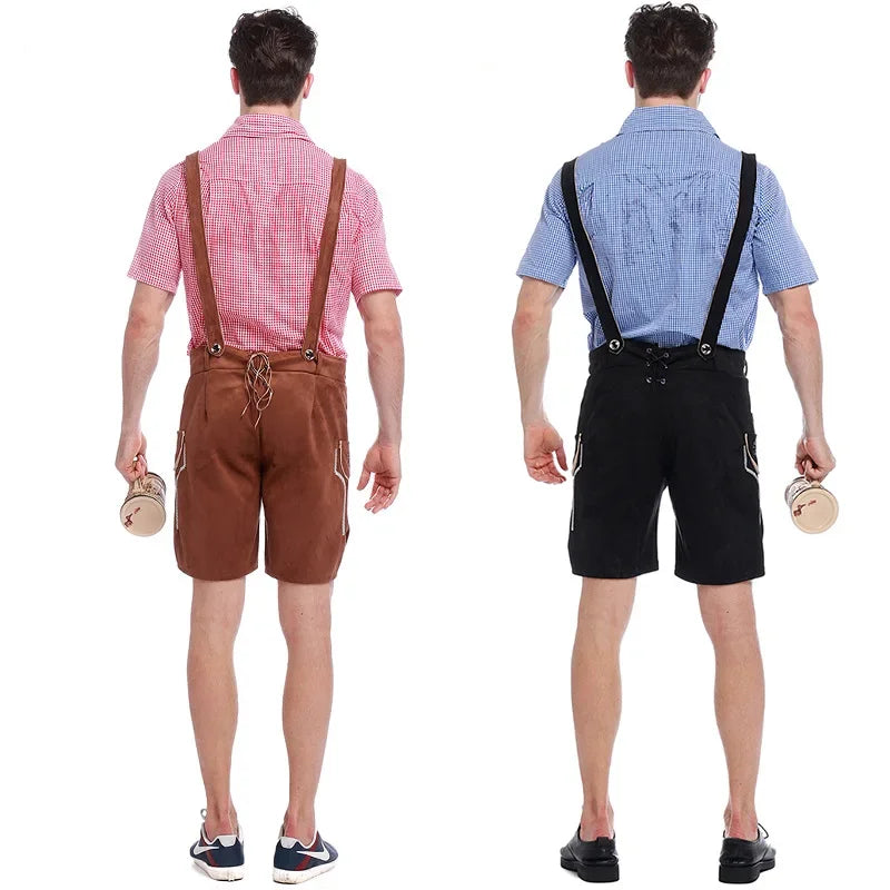 Authentic Bavarian men's Lederhosen set with elegant embroidery, stylish checkered shirt, and traditional hat for the perfect Bavarian look