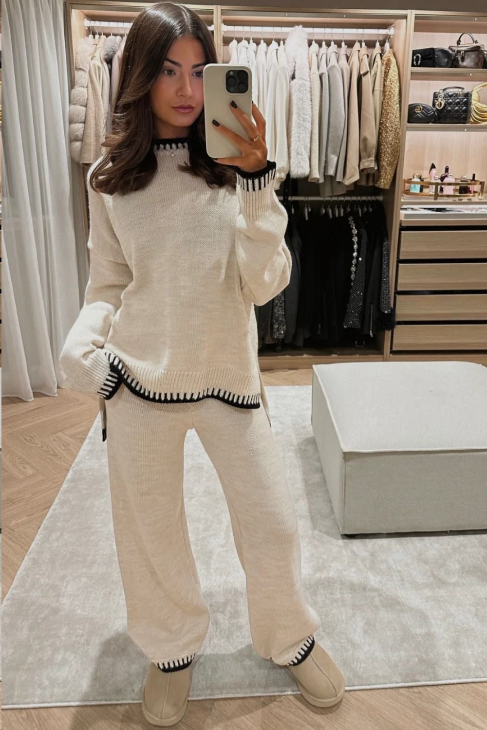 Women's Autumn Knit Lounge Set with Long Sleeve Top and Pants