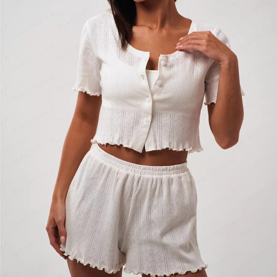 Women's Pajama Set with Diamond-Stitched Button-Up Top and Flutter-Edge Pants