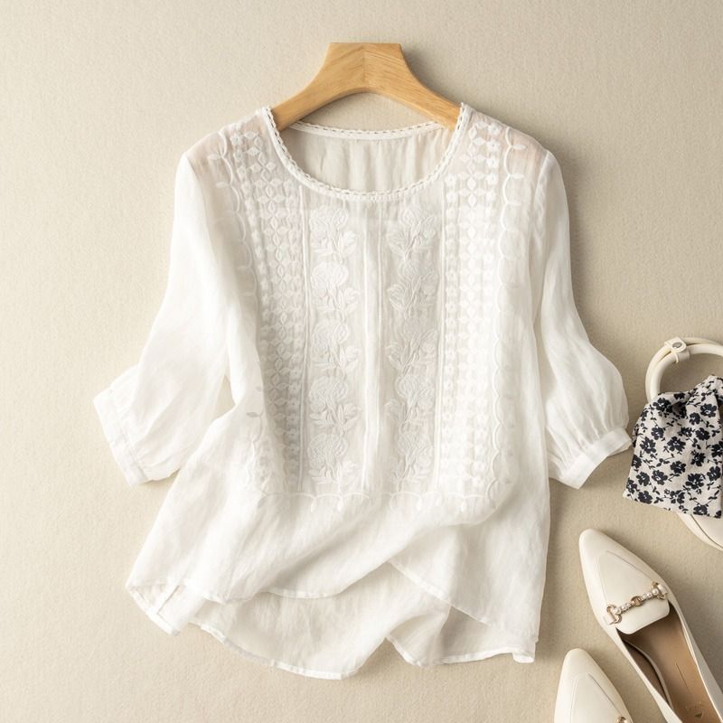 Women's Linen Shirt with Knitted Floral Detailing and Flowy Fit