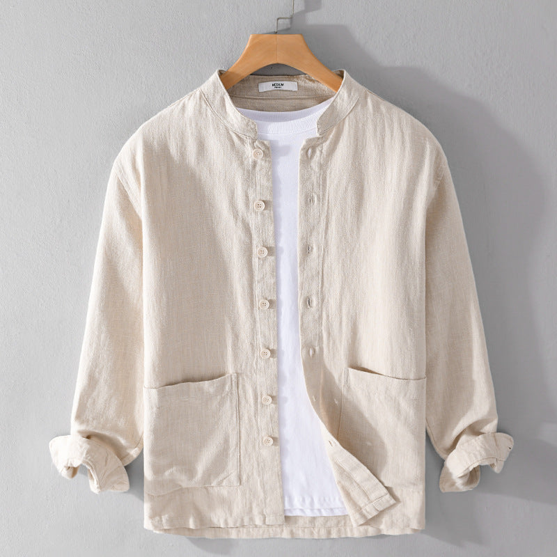 Men's Linen Shirt Button-Up Collarless Lightweight
