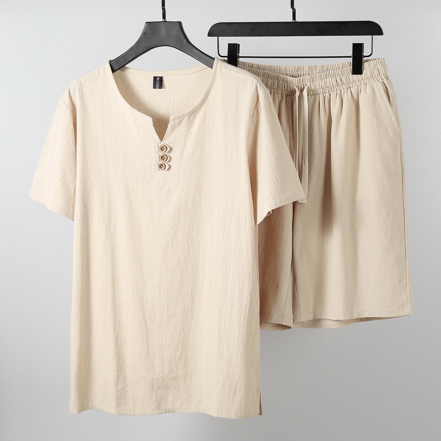 Men's Cotton Open-Neck Tee and Drawstring Shorts Set