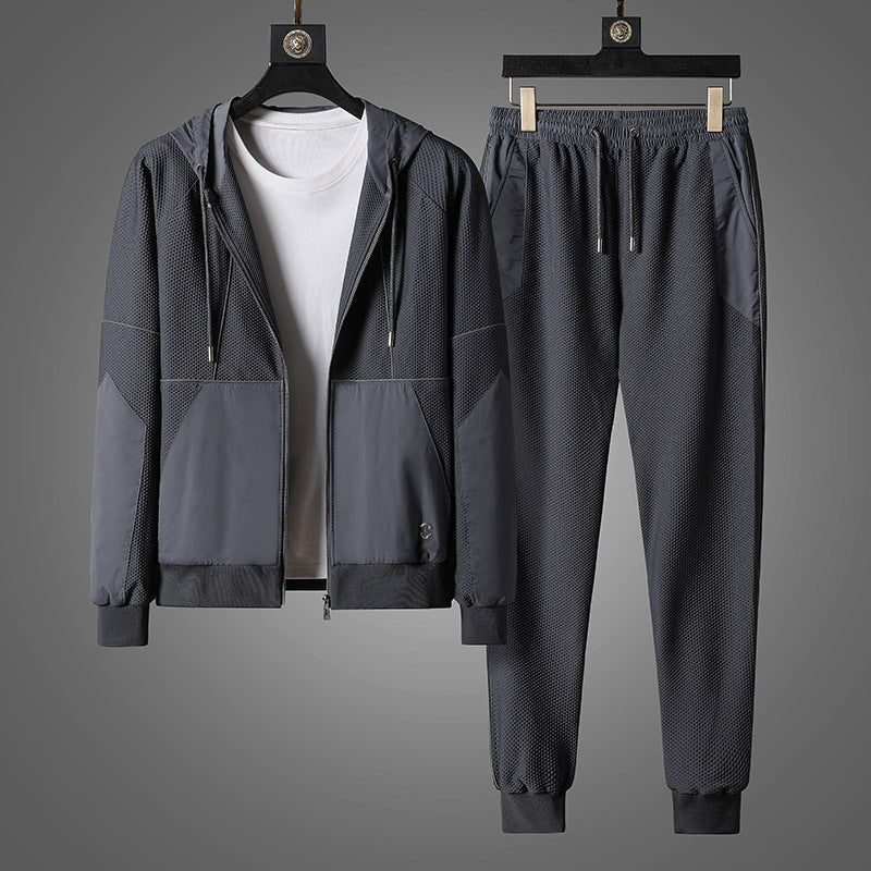 Men's Athletic Mesh Tracksuit Set with Zip Hoodie & Drawstring Joggers