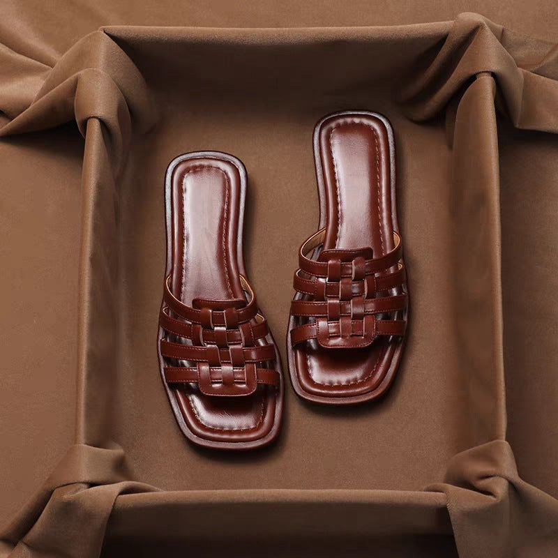 Women Summer Leather Sandals Hand-Woven Square Toe Soft Cushioned Footbed