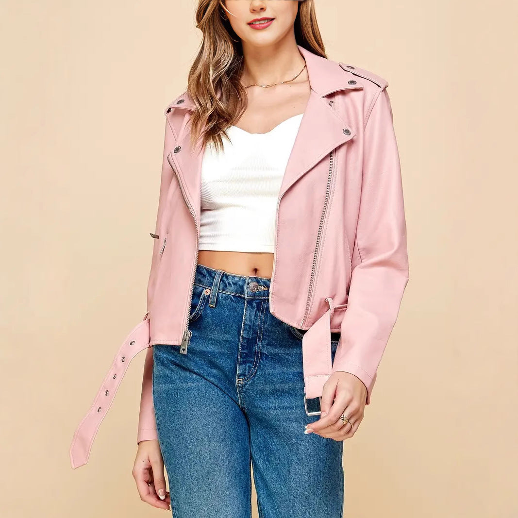 Women's Cropped Moto Leather Jacket with Adjustable Waist Belt