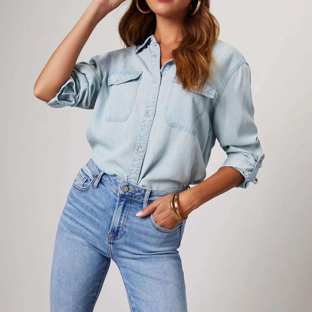 Women Denim Shirt with Double Chest Pocket and Button-Up Front