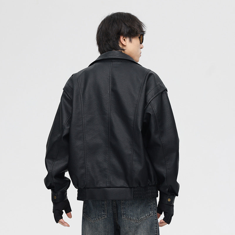 Men's Leather Bomber Jacket with Oversized Fit and Chest Pockets