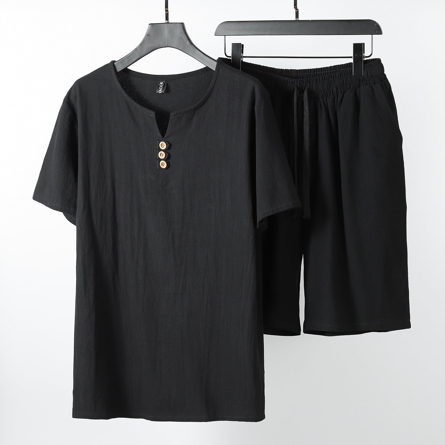Men's Cotton Open-Neck Tee and Drawstring Shorts Set