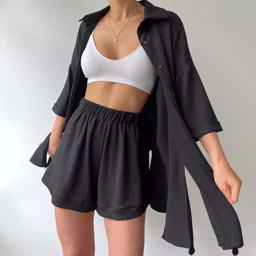 Women's Summer Button-Up Shirt and High-Waist Shorts Set