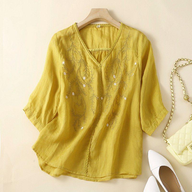 Women's Linen Blouse with Flowy Fit and Embroidered Floral Accents
