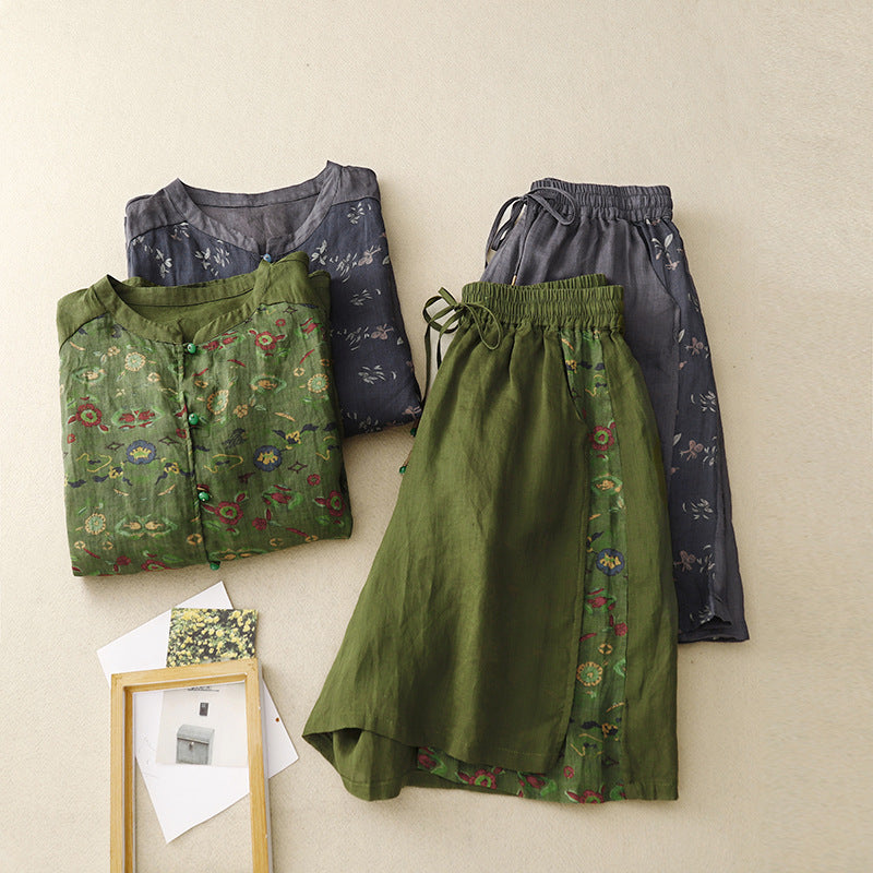 Women's Linen Embroidered Blouse and Wide-Leg Shorts Set