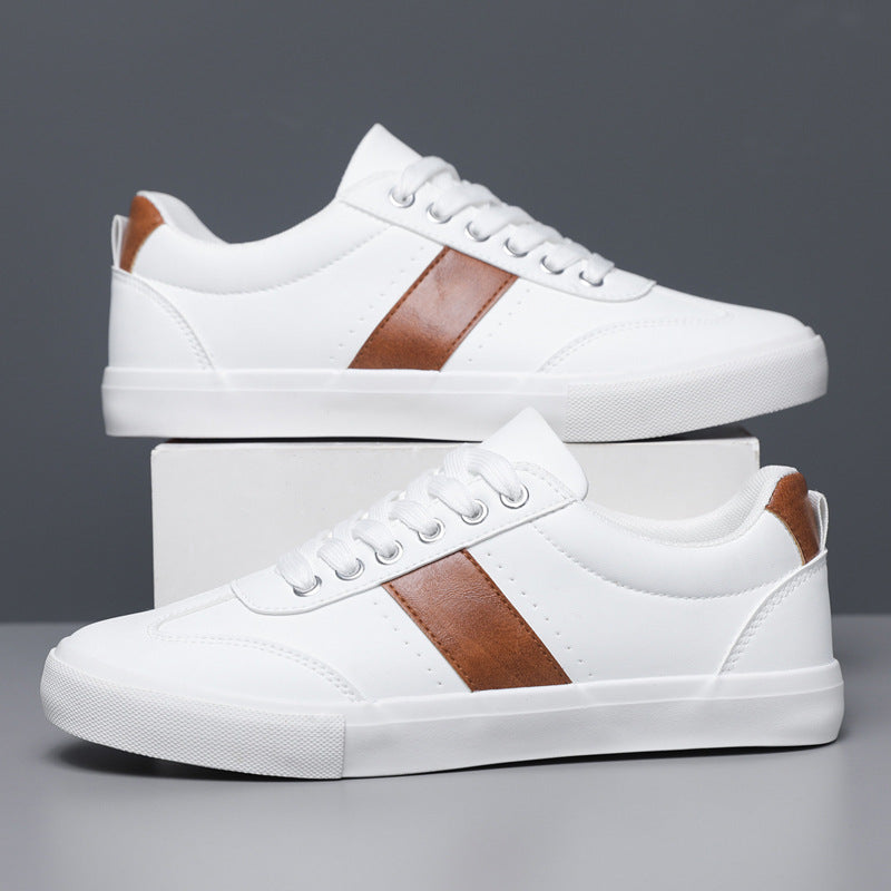 Men Leather Low-Top Sneakers with Brown Stripe and Cushioned Sole